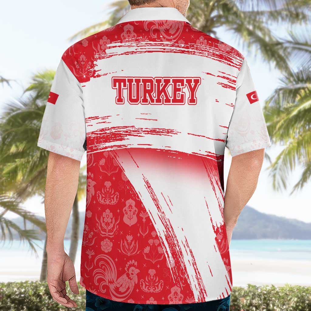 Turkey National Flag and Pattern Design Hawaiian Shirt with Red Brush Stroke Effect