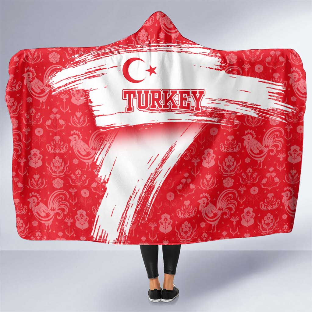 Turkey National Flag and Pattern Design Hooded Blanket with Red Brush Stroke Effect
