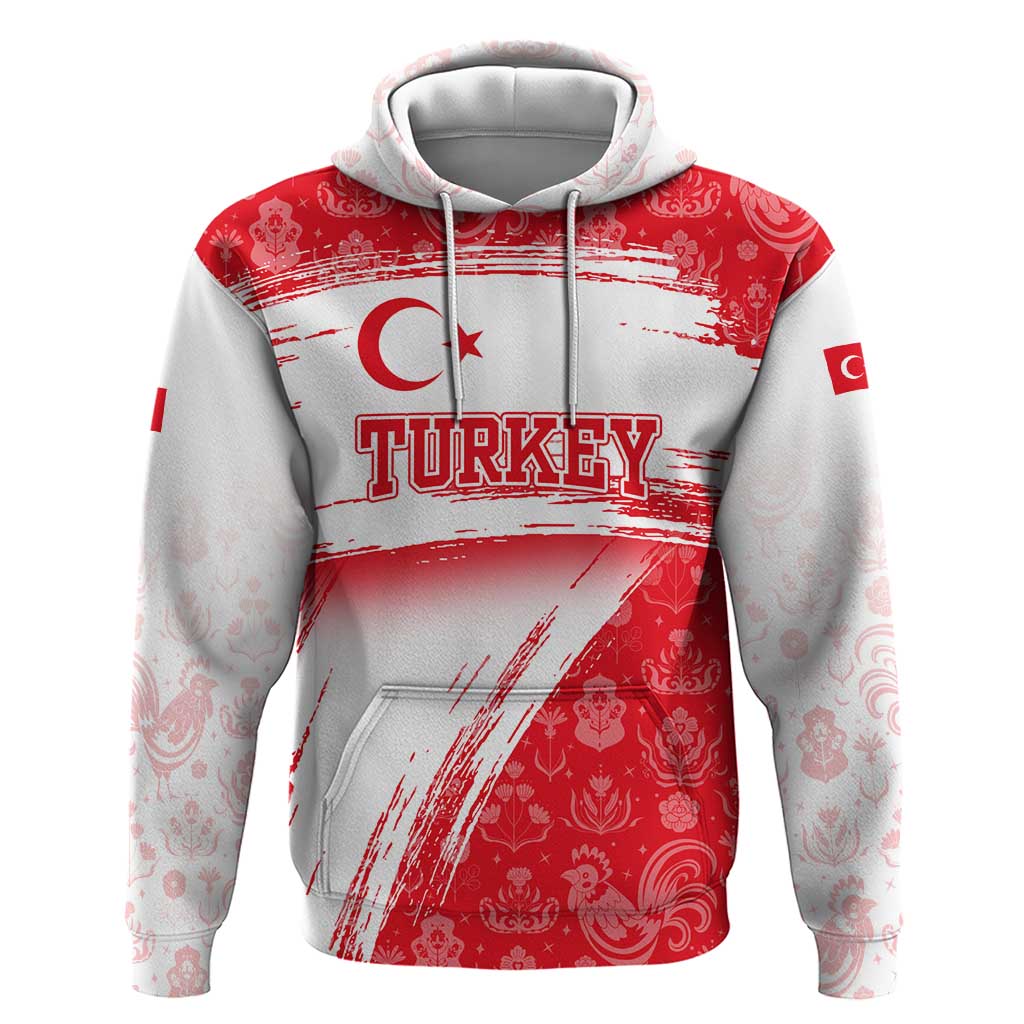 Turkey National Flag and Pattern Design Hoodie with Red Brush Stroke Effect