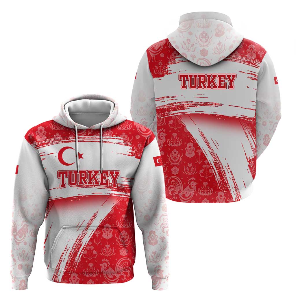 Turkey National Flag and Pattern Design Hoodie with Red Brush Stroke Effect