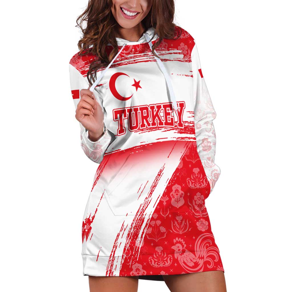 Turkey National Flag and Pattern Design Hoodie Dress with Red Brush Stroke Effect