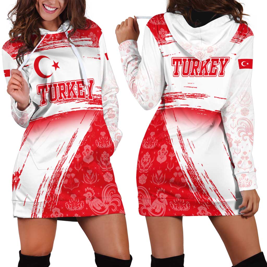 Turkey National Flag and Pattern Design Hoodie Dress with Red Brush Stroke Effect