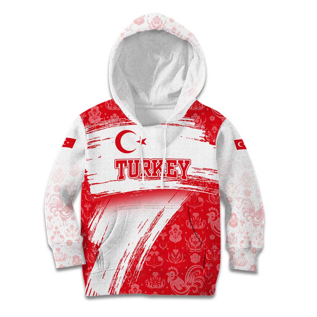 Turkey National Flag and Pattern Design Kid Hoodie with Red Brush Stroke Effect