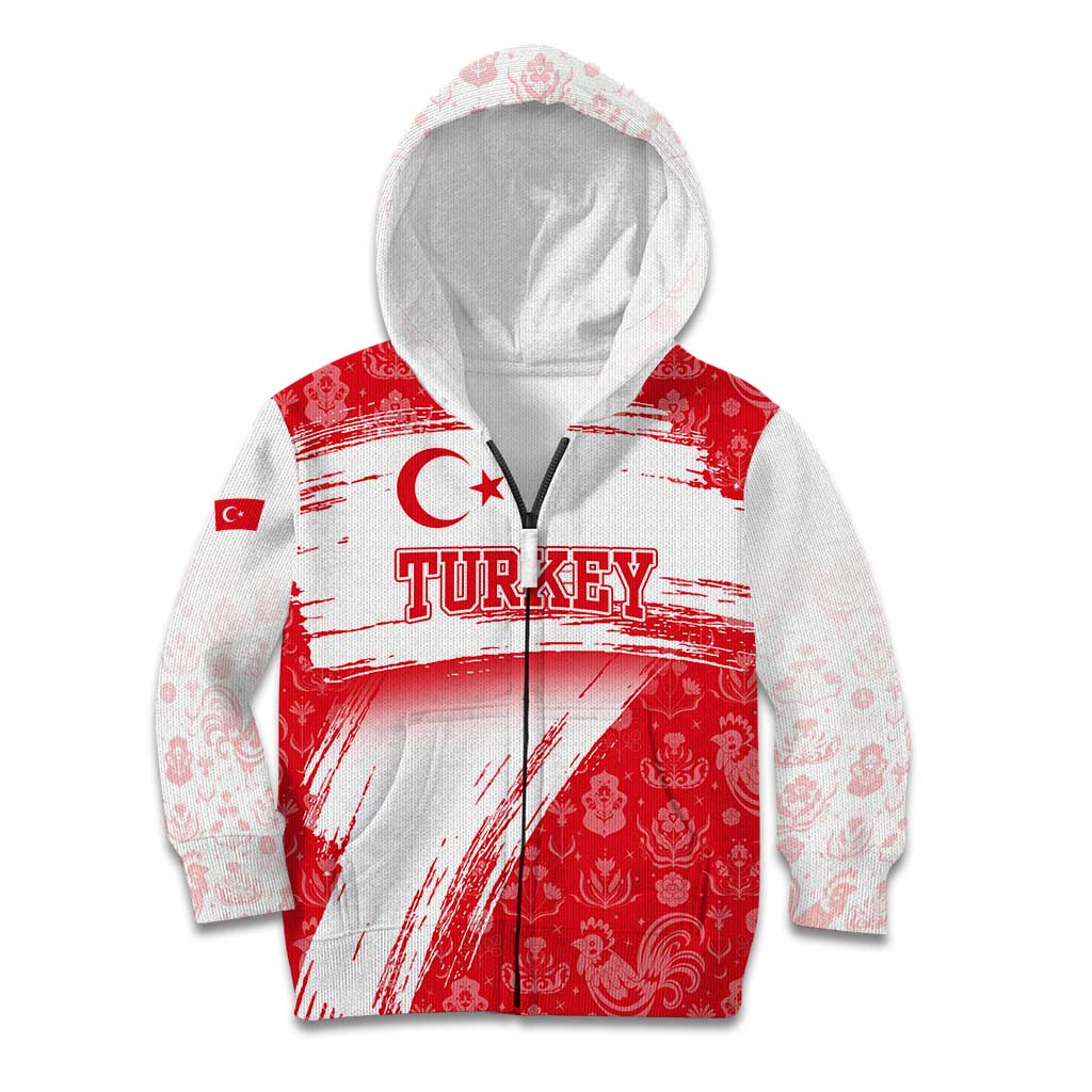 Turkey National Flag and Pattern Design Kid Hoodie with Red Brush Stroke Effect