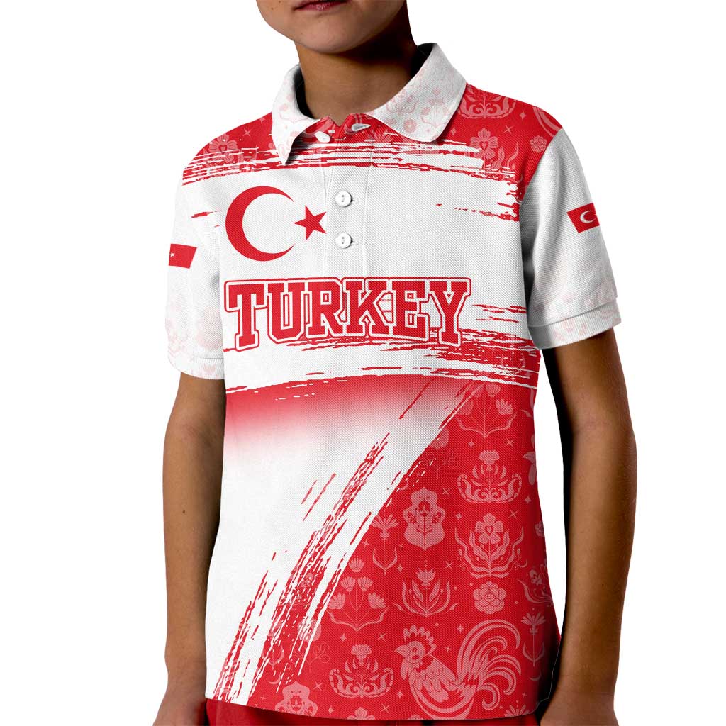 Turkey National Flag and Pattern Design Kid Polo Shirt with Red Brush Stroke Effect