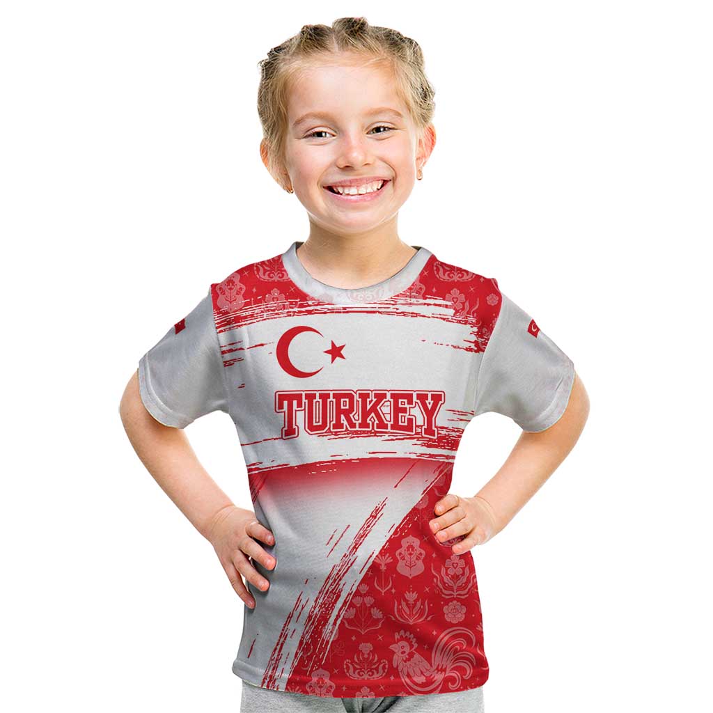 Turkey National Flag and Pattern Design Kid T Shirt with Red Brush Stroke Effect