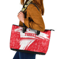 Turkey National Flag and Pattern Design Leather Tote Bag with Red Brush Stroke Effect