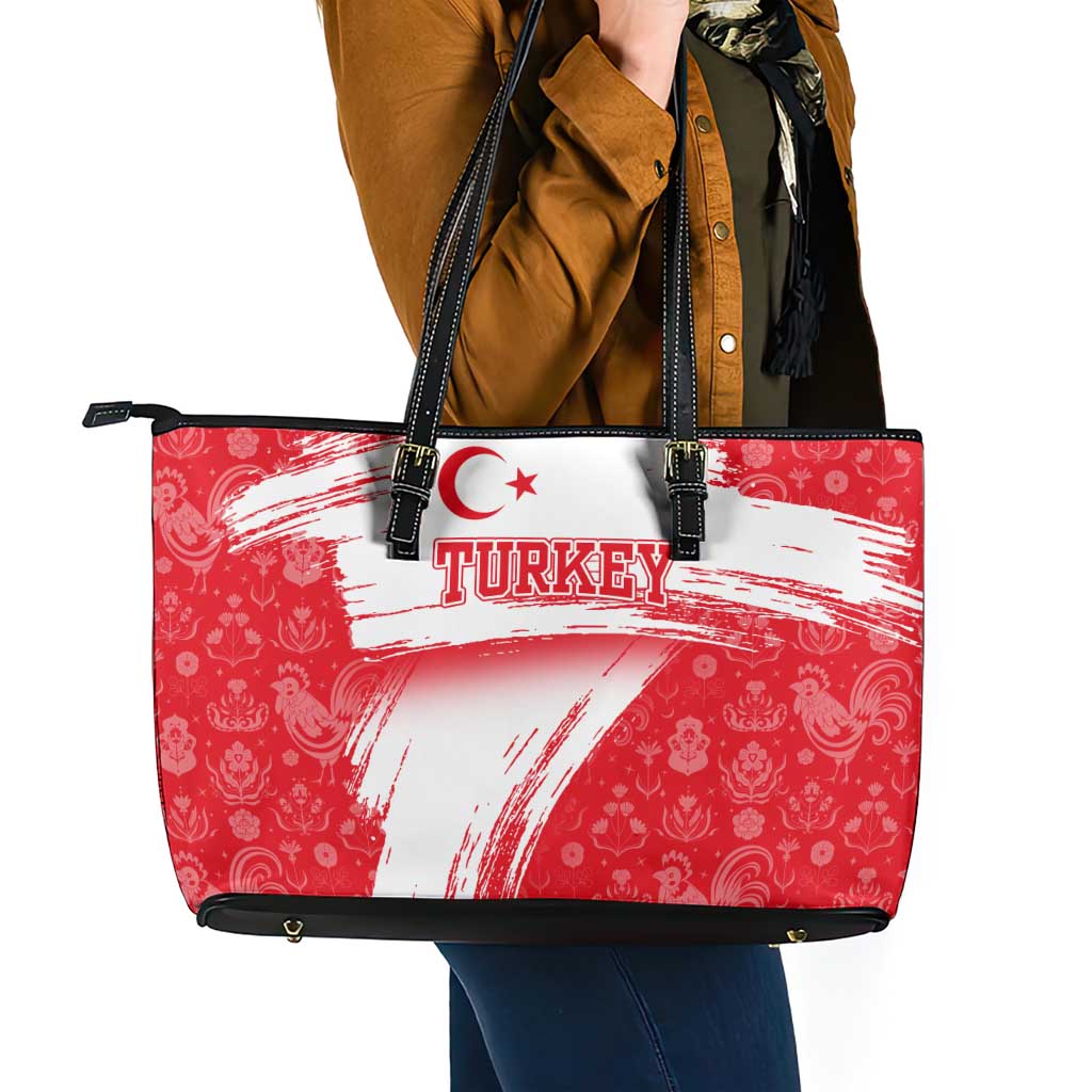 Turkey National Flag and Pattern Design Leather Tote Bag with Red Brush Stroke Effect