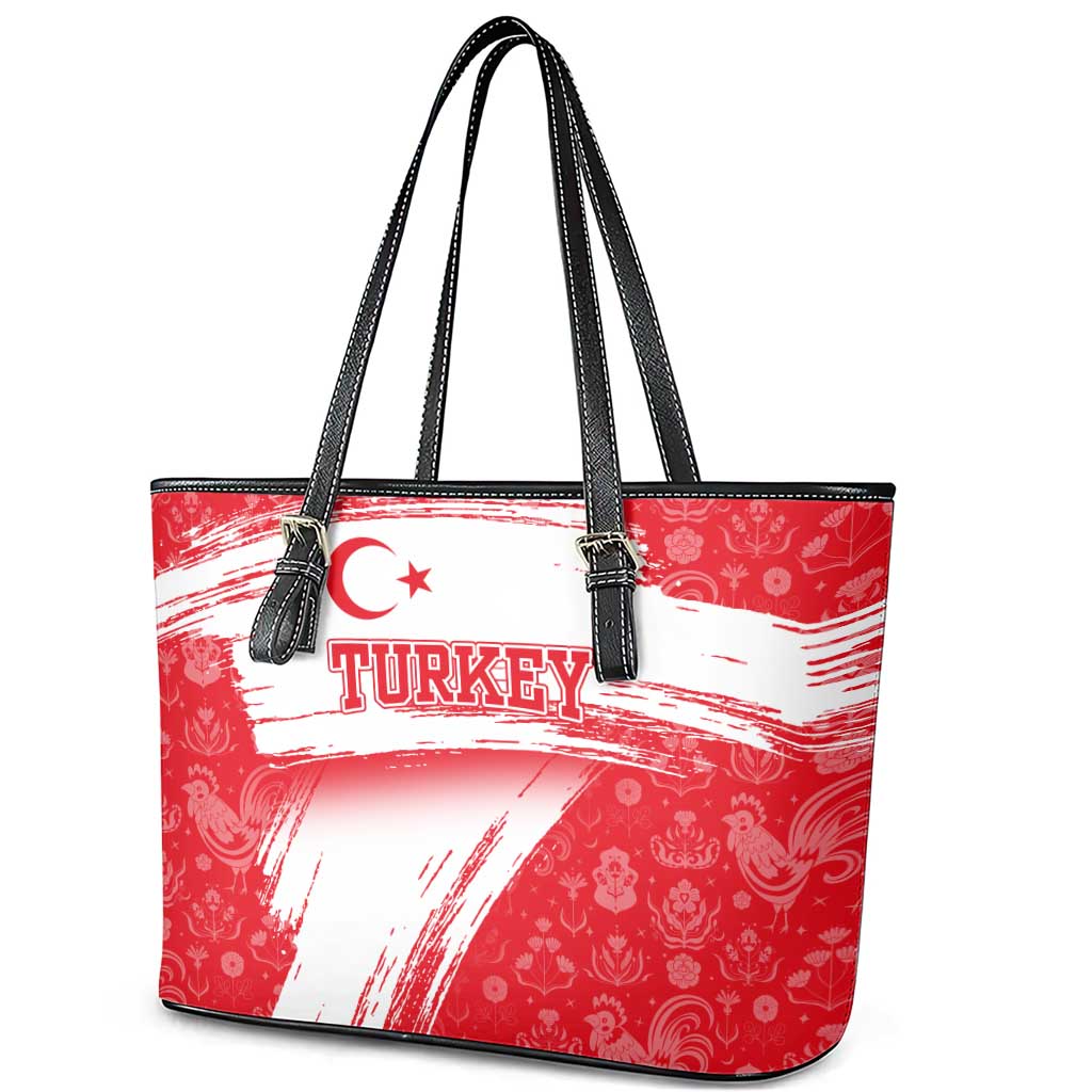 Turkey National Flag and Pattern Design Leather Tote Bag with Red Brush Stroke Effect