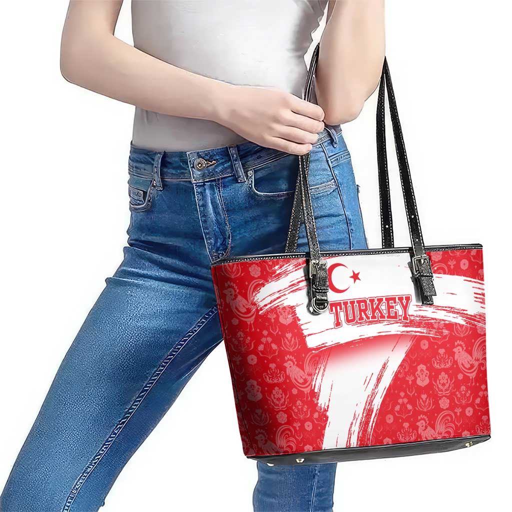 Turkey National Flag and Pattern Design Leather Tote Bag with Red Brush Stroke Effect