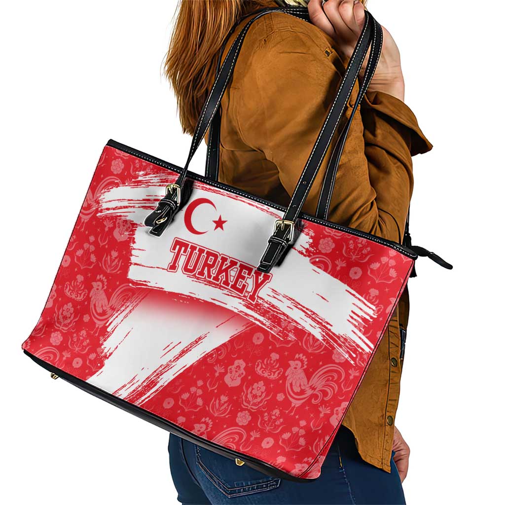 Turkey National Flag and Pattern Design Leather Tote Bag with Red Brush Stroke Effect