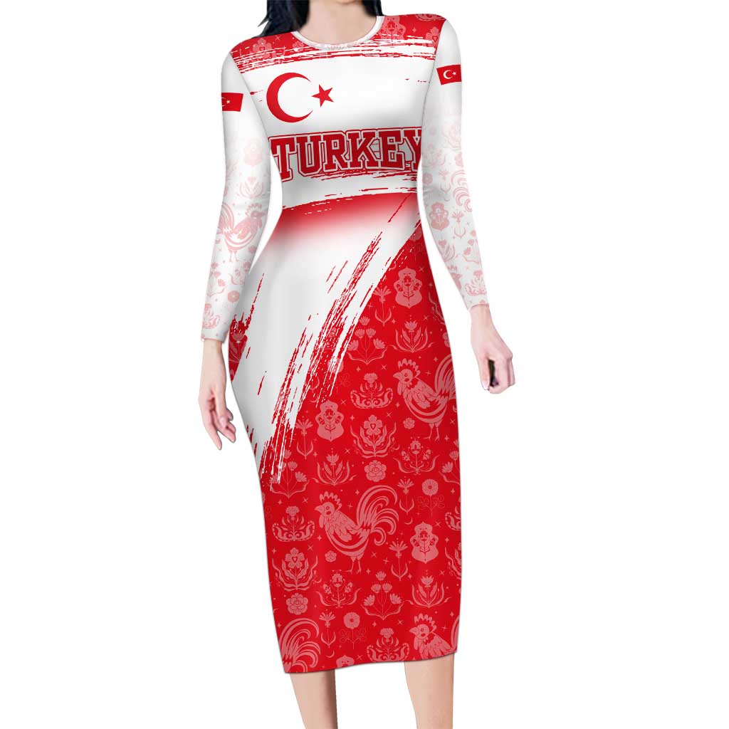 Turkey National Flag and Pattern Design Long Sleeve Bodycon Dress with Red Brush Stroke Effect