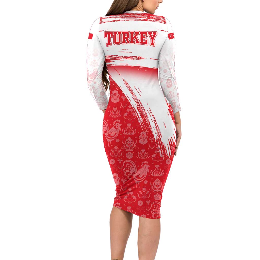 Turkey National Flag and Pattern Design Long Sleeve Bodycon Dress with Red Brush Stroke Effect