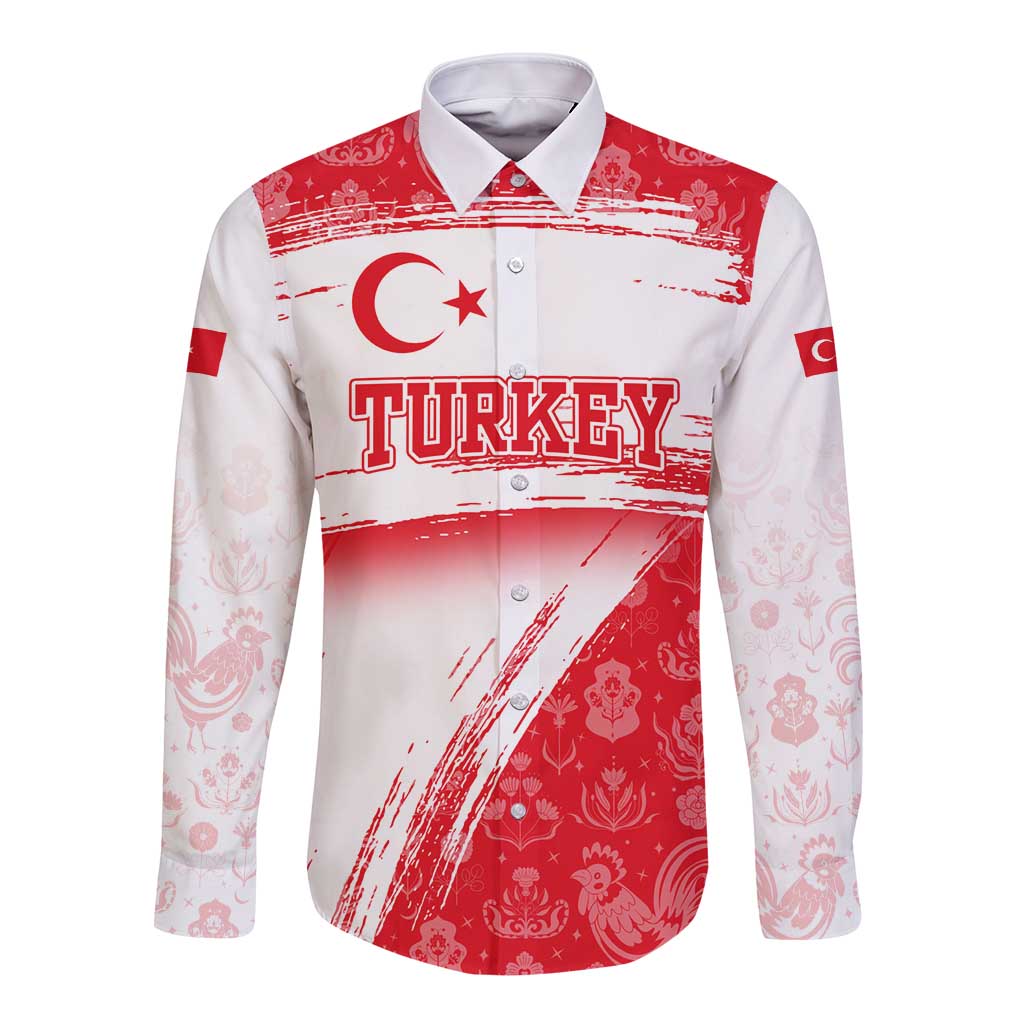 Turkey National Flag and Pattern Design Long Sleeve Button Shirt with Red Brush Stroke Effect