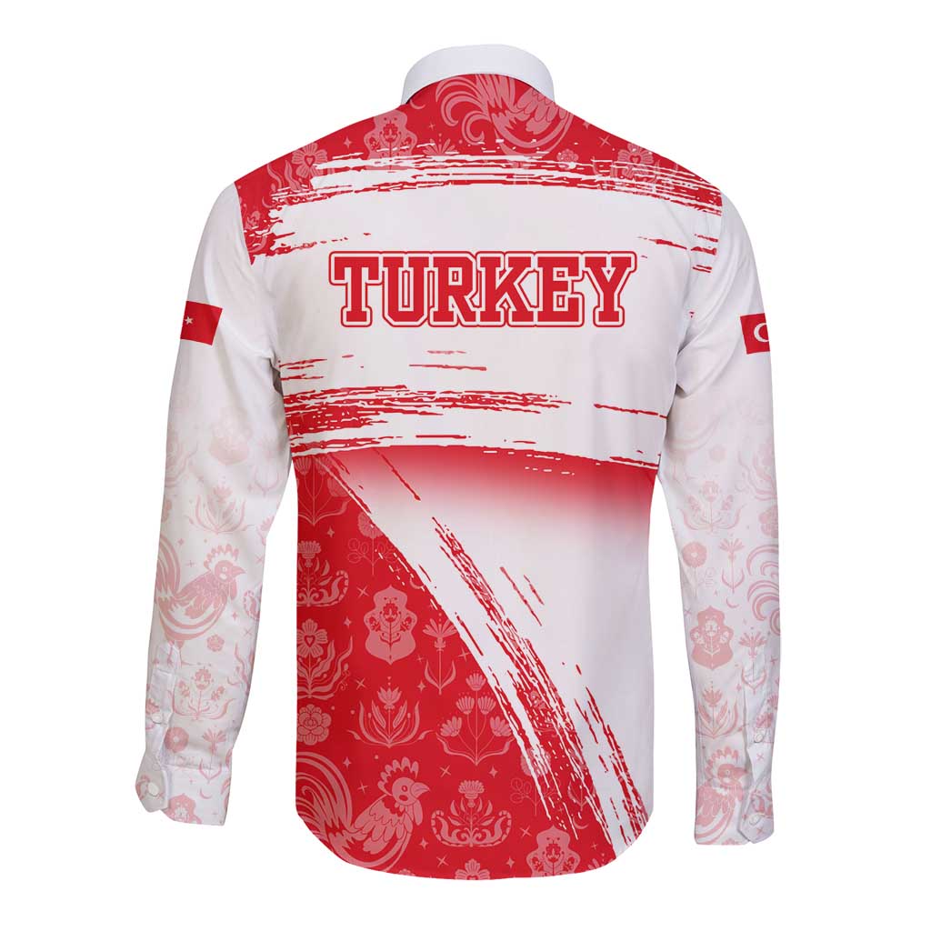 Turkey National Flag and Pattern Design Long Sleeve Button Shirt with Red Brush Stroke Effect