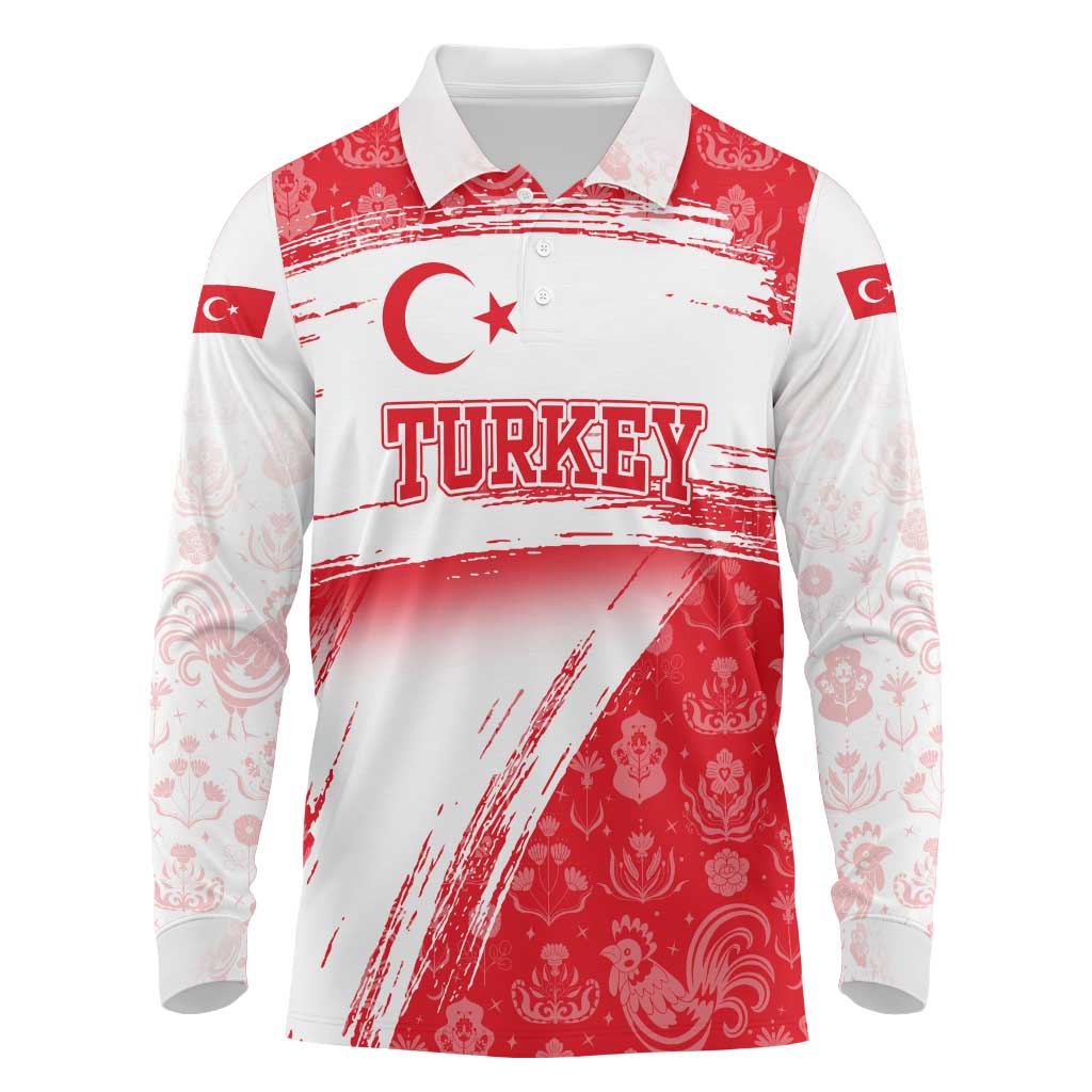 Turkey National Flag and Pattern Design Long Sleeve Polo Shirt with Red Brush Stroke Effect