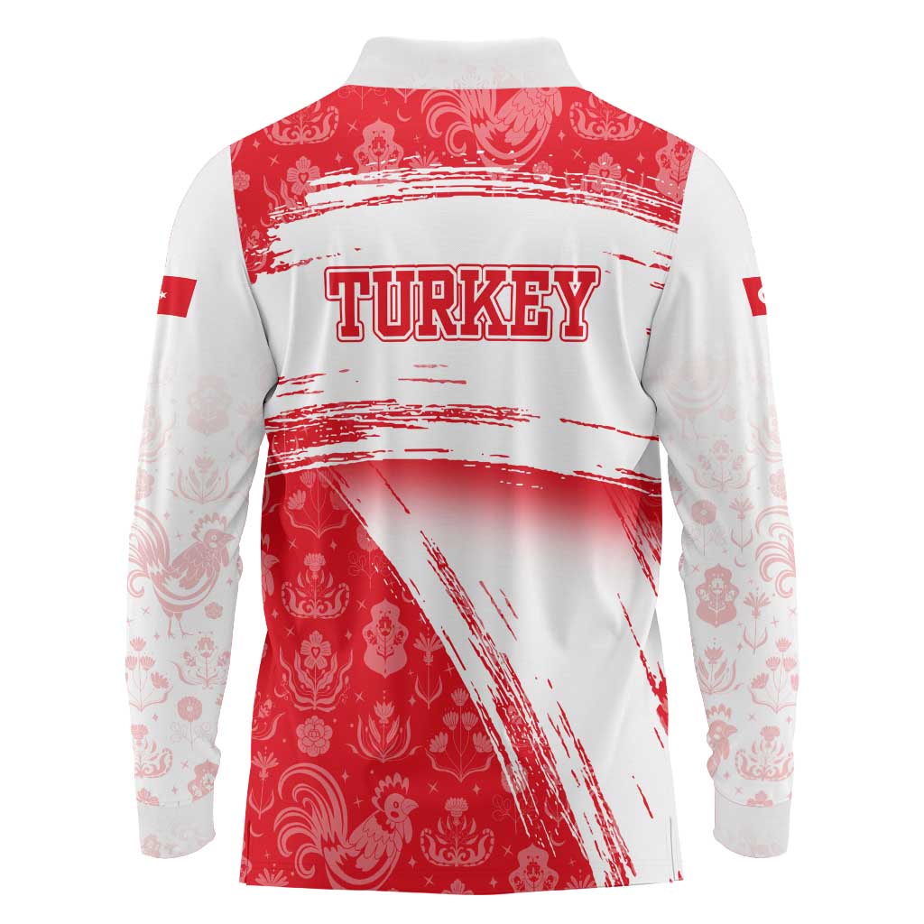 Turkey National Flag and Pattern Design Long Sleeve Polo Shirt with Red Brush Stroke Effect