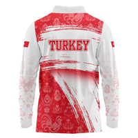 Turkey National Flag and Pattern Design Long Sleeve Polo Shirt with Red Brush Stroke Effect