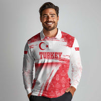 Turkey National Flag and Pattern Design Long Sleeve Polo Shirt with Red Brush Stroke Effect
