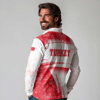 Turkey National Flag and Pattern Design Long Sleeve Polo Shirt with Red Brush Stroke Effect