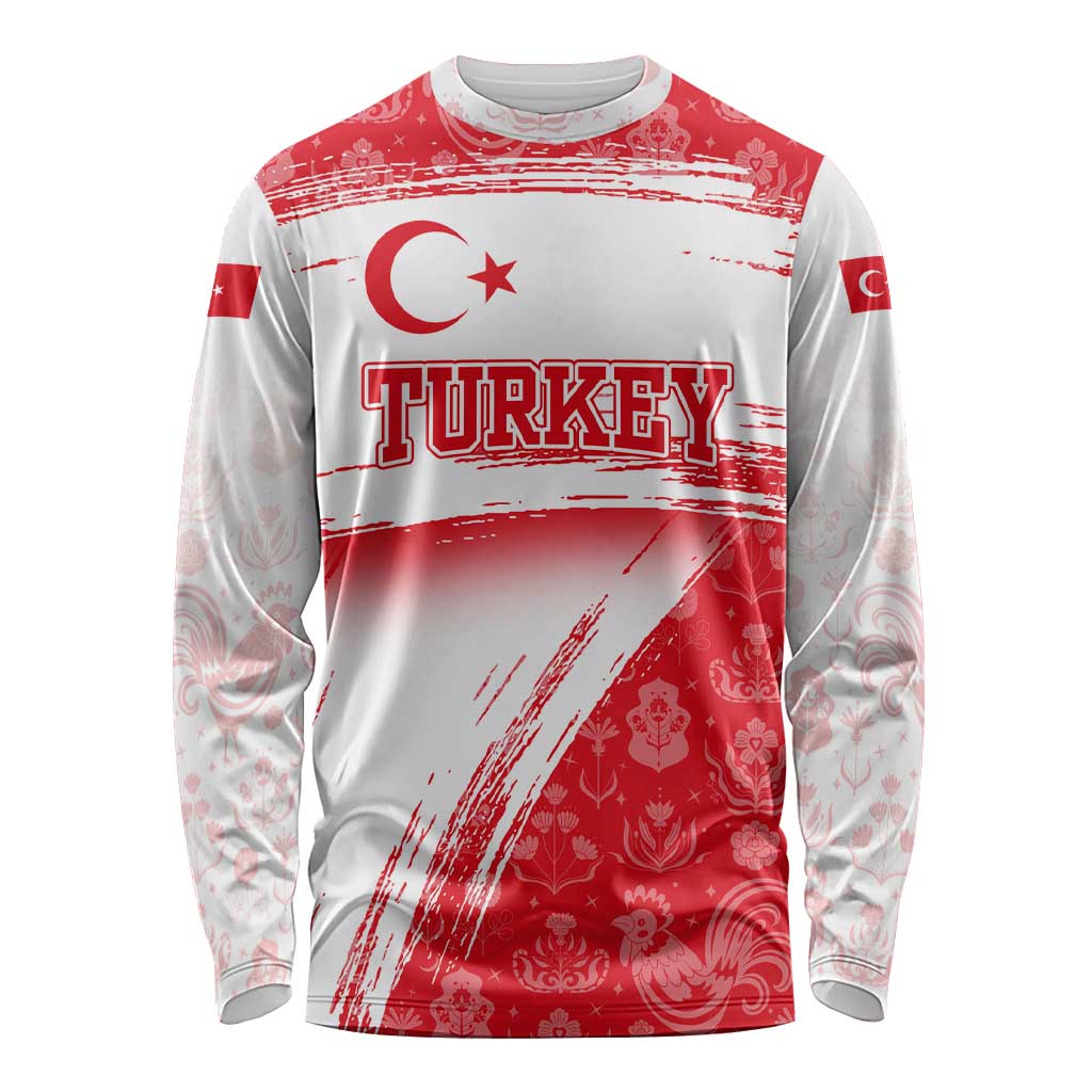 Turkey National Flag and Pattern Design Long Sleeve Shirt with Red Brush Stroke Effect