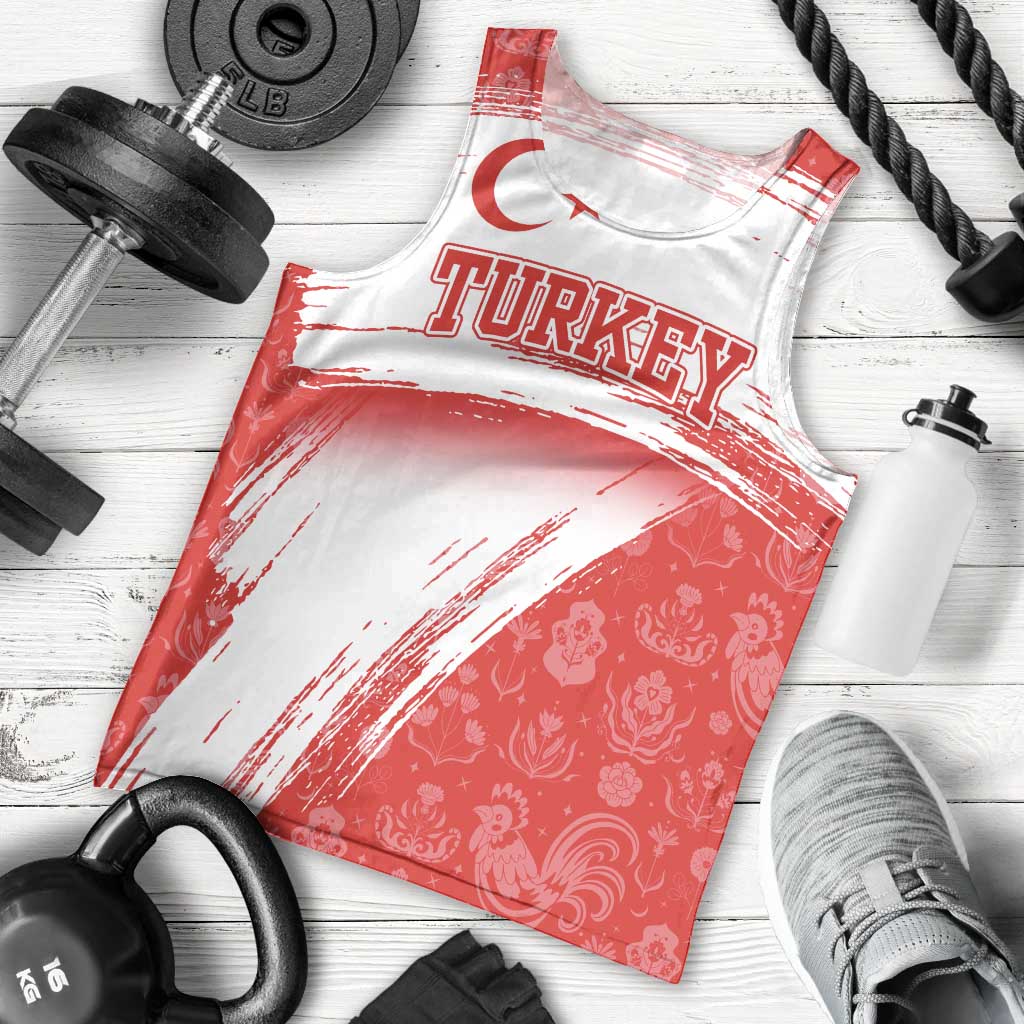 Turkey National Flag and Pattern Design Men Tank Top with Red Brush Stroke Effect