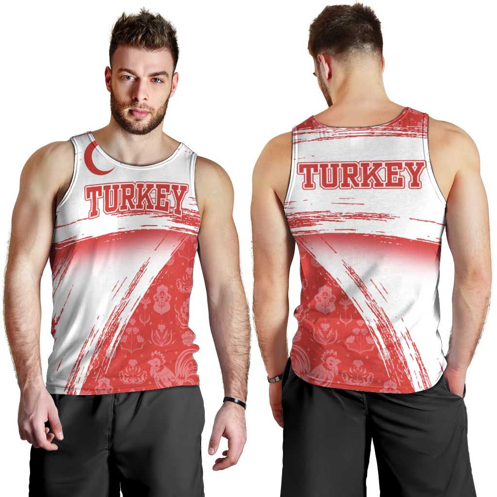 Turkey National Flag and Pattern Design Men Tank Top with Red Brush Stroke Effect