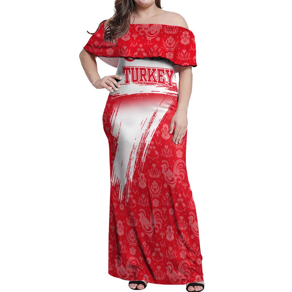 Turkey National Flag and Pattern Design Off Shoulder Maxi Dress with Red Brush Stroke Effect