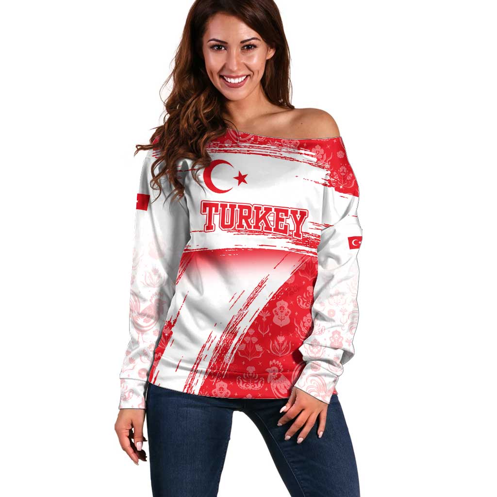 Turkey National Flag and Pattern Design Off Shoulder Sweater with Red Brush Stroke Effect