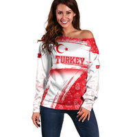 Turkey National Flag and Pattern Design Off Shoulder Sweater with Red Brush Stroke Effect