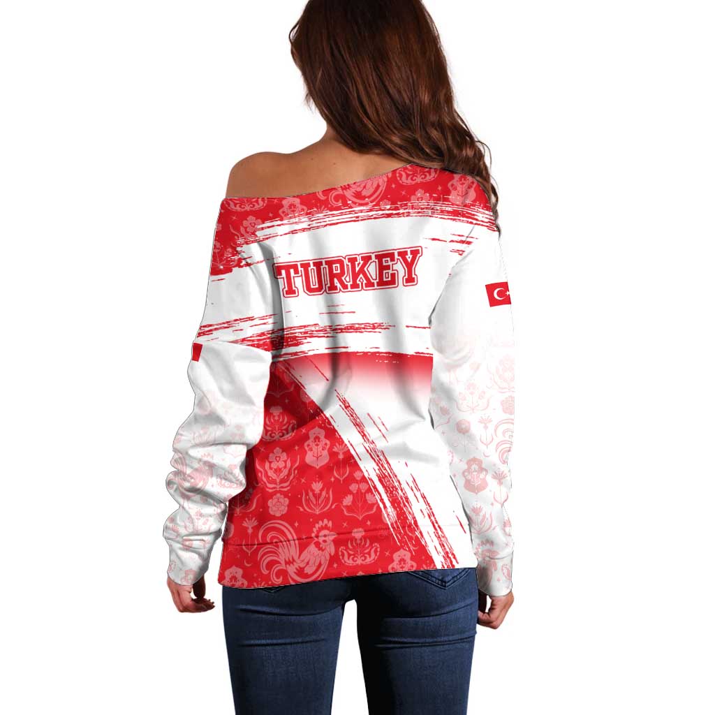 Turkey National Flag and Pattern Design Off Shoulder Sweater with Red Brush Stroke Effect
