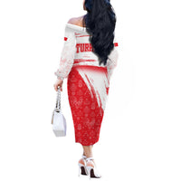 Turkey National Flag and Pattern Design Off The Shoulder Long Sleeve Dress with Red Brush Stroke Effect
