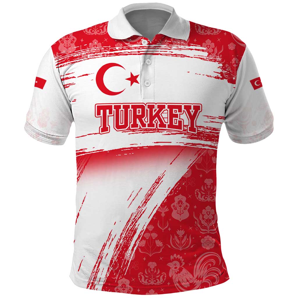 Turkey National Flag and Pattern Design Polo Shirt with Red Brush Stroke Effect
