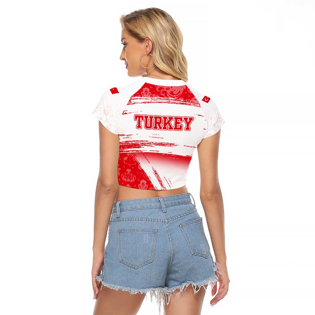 Turkey National Flag and Pattern Design Raglan Cropped T Shirt with Red Brush Stroke Effect