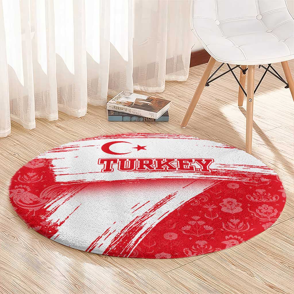 Turkey National Flag and Pattern Design Round Carpet with Red Brush Stroke Effect