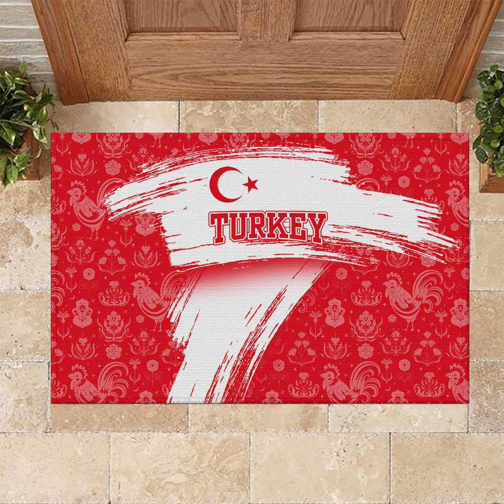 Turkey National Flag and Pattern Design Rubber Doormat with Red Brush Stroke Effect