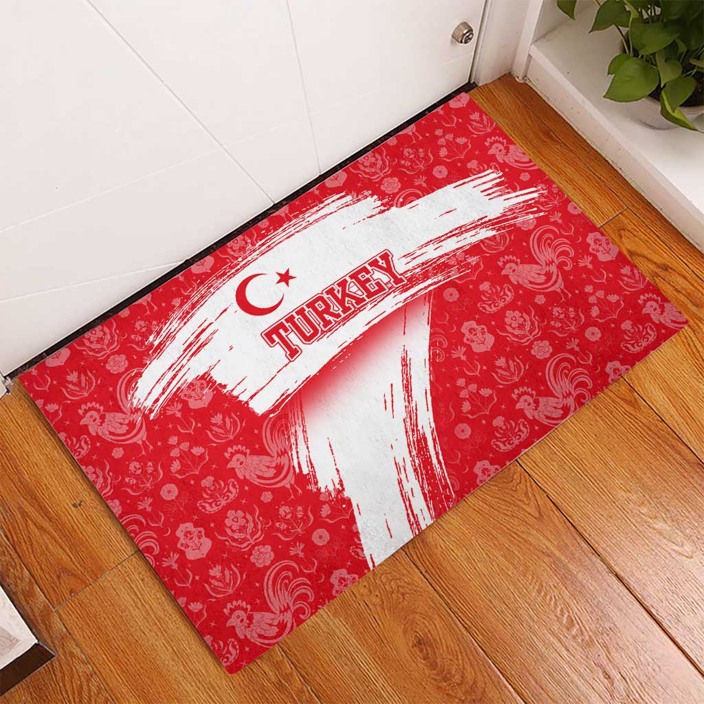 Turkey National Flag and Pattern Design Rubber Doormat with Red Brush Stroke Effect