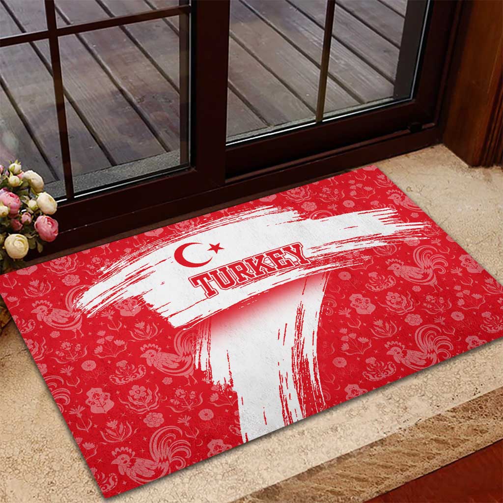 Turkey National Flag and Pattern Design Rubber Doormat with Red Brush Stroke Effect