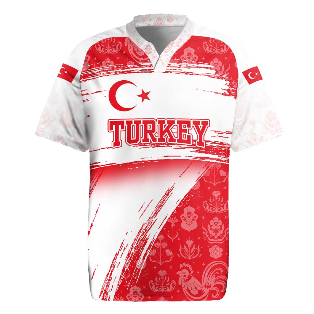 Turkey National Flag and Pattern Design Rugby Jersey with Red Brush Stroke Effect