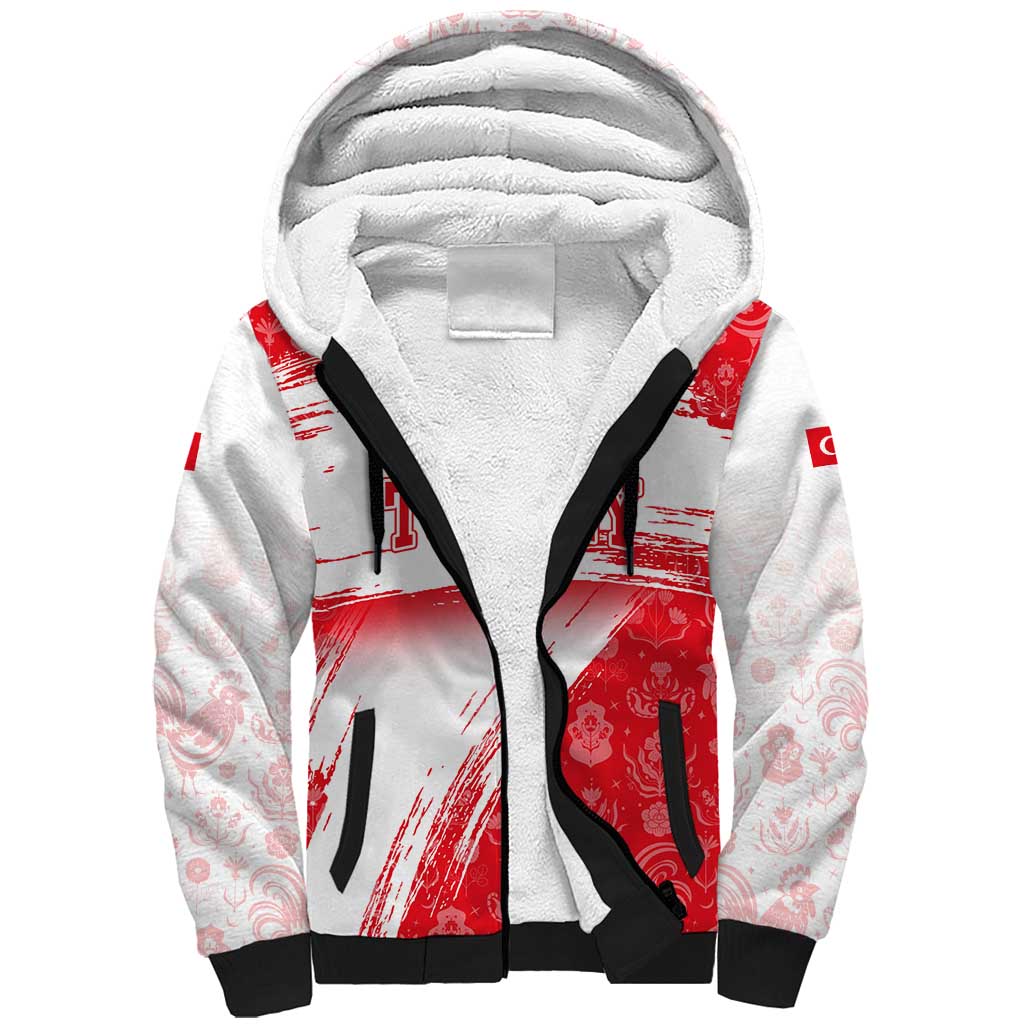 Turkey National Flag and Pattern Design Sherpa Hoodie with Red Brush Stroke Effect