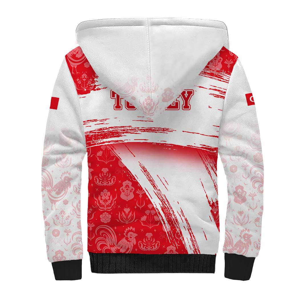 Turkey National Flag and Pattern Design Sherpa Hoodie with Red Brush Stroke Effect