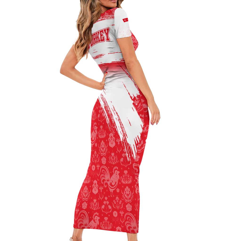 Turkey National Flag and Pattern Design Short Sleeve Bodycon Dress with Red Brush Stroke Effect