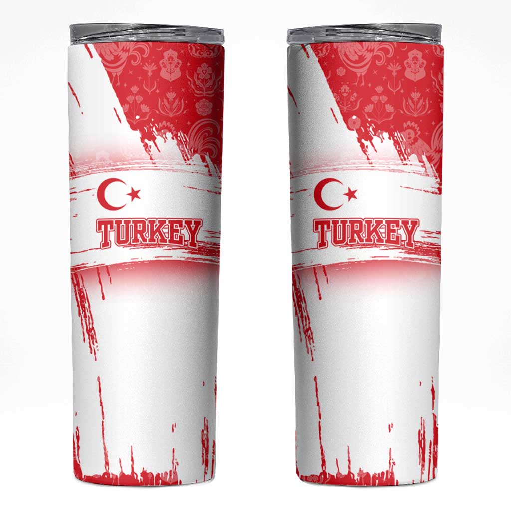 Turkey National Flag and Pattern Design Skinny Tumbler with Red Brush Stroke Effect