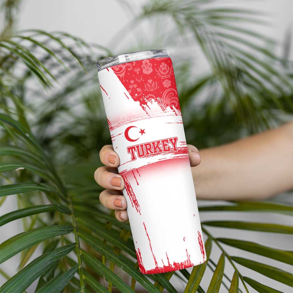 Turkey National Flag and Pattern Design Skinny Tumbler with Red Brush Stroke Effect