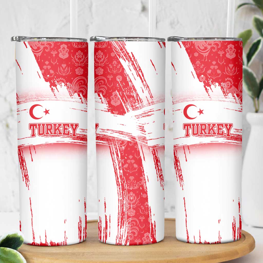 Turkey National Flag and Pattern Design Skinny Tumbler with Red Brush Stroke Effect