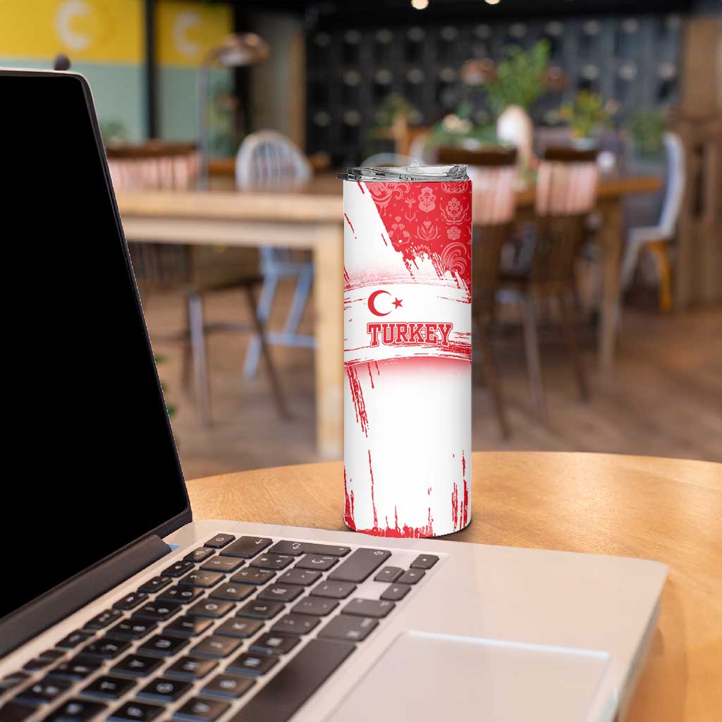 Turkey National Flag and Pattern Design Skinny Tumbler with Red Brush Stroke Effect