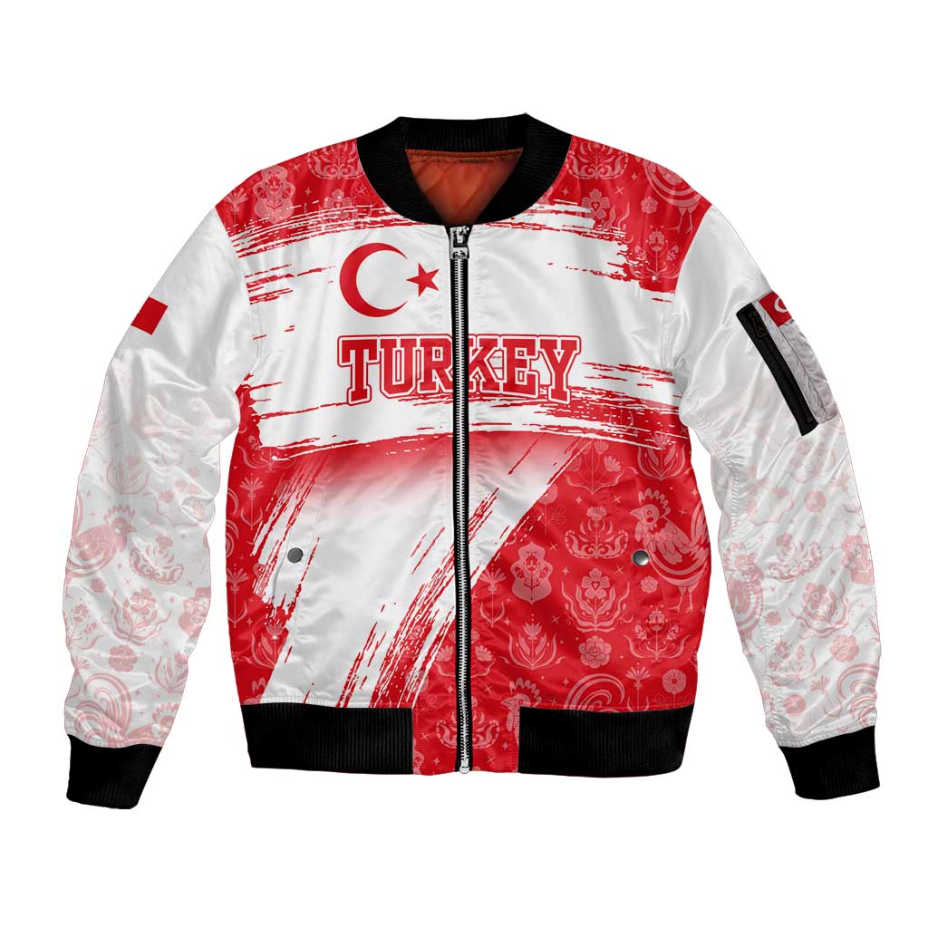 Turkey National Flag and Pattern Design Sleeve Zip Bomber Jacket with Red Brush Stroke Effect