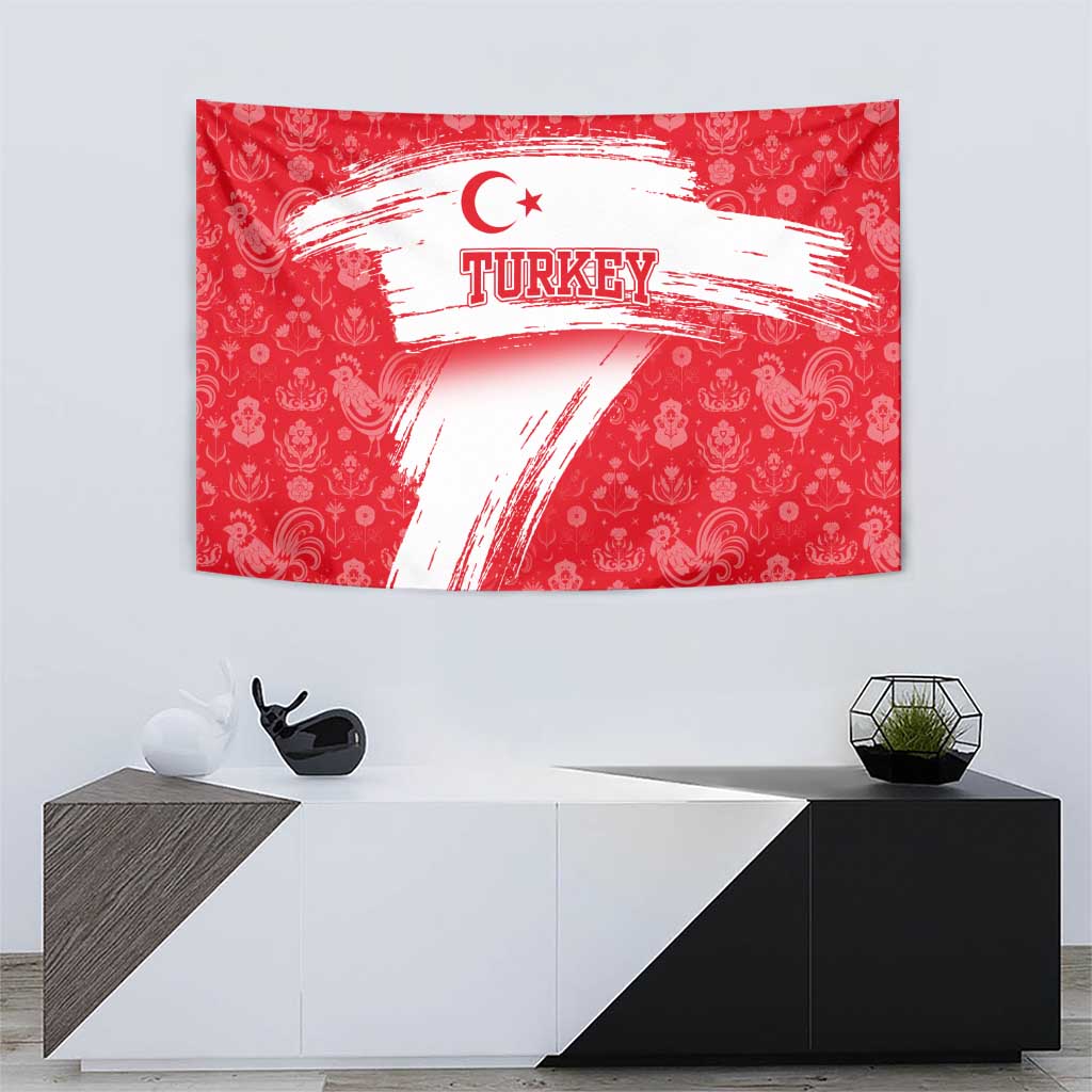Turkey National Flag and Pattern Design Tapestry with Red Brush Stroke Effect