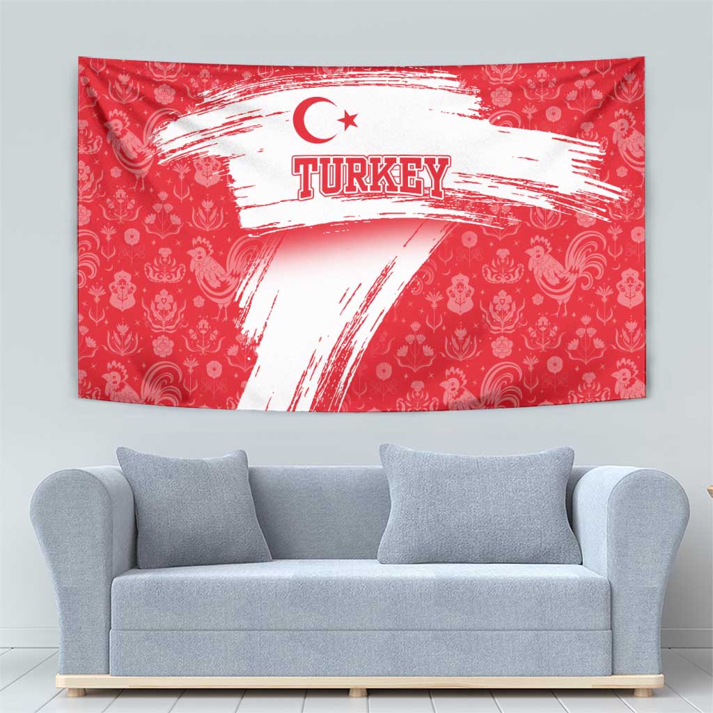 Turkey National Flag and Pattern Design Tapestry with Red Brush Stroke Effect