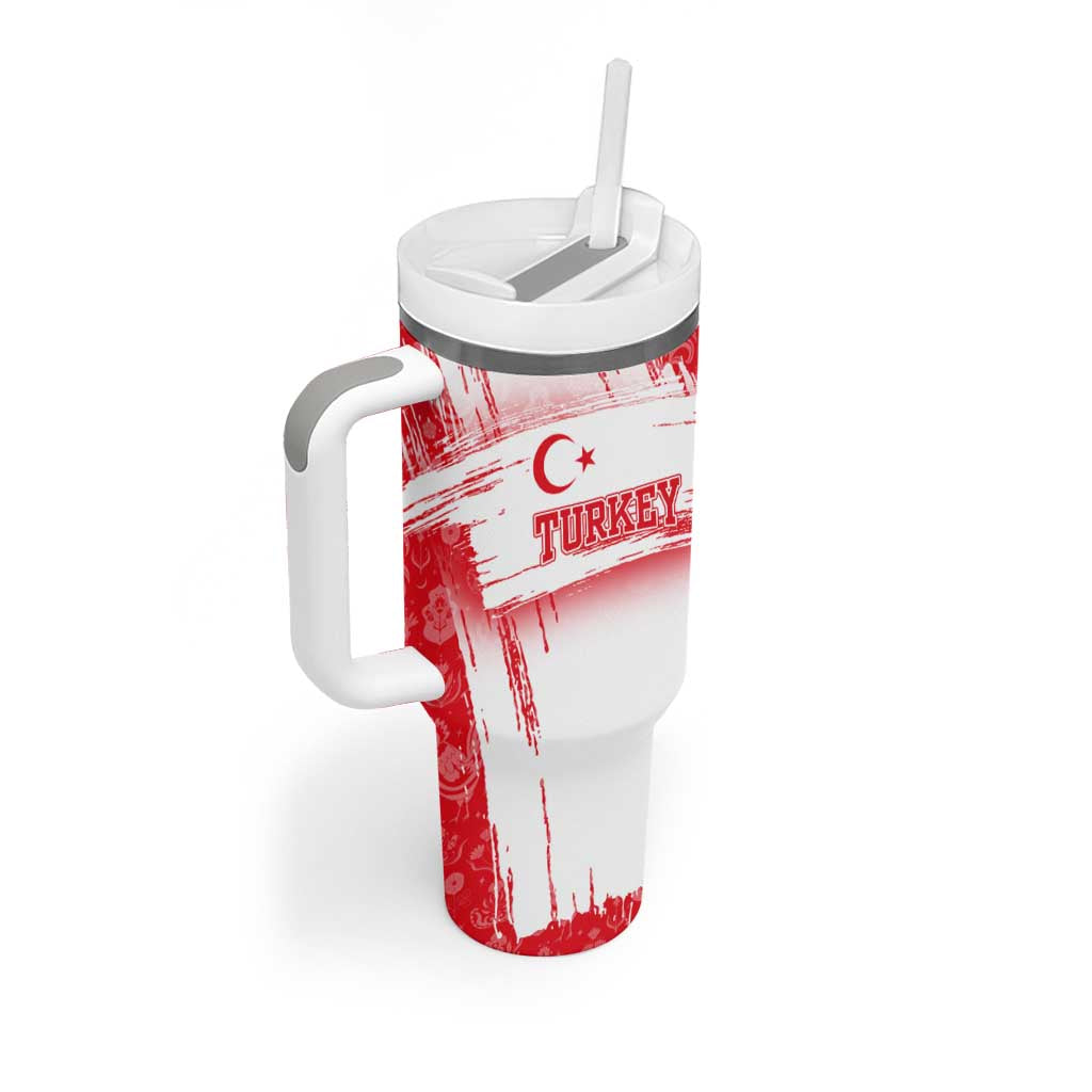 Turkey National Flag and Pattern Design Tumbler With Handle with Red Brush Stroke Effect